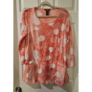 Ali Miles Coral‎ Textured Dot Tunic Top 3/4 Sleeve Pockets Women's Large Artsy
